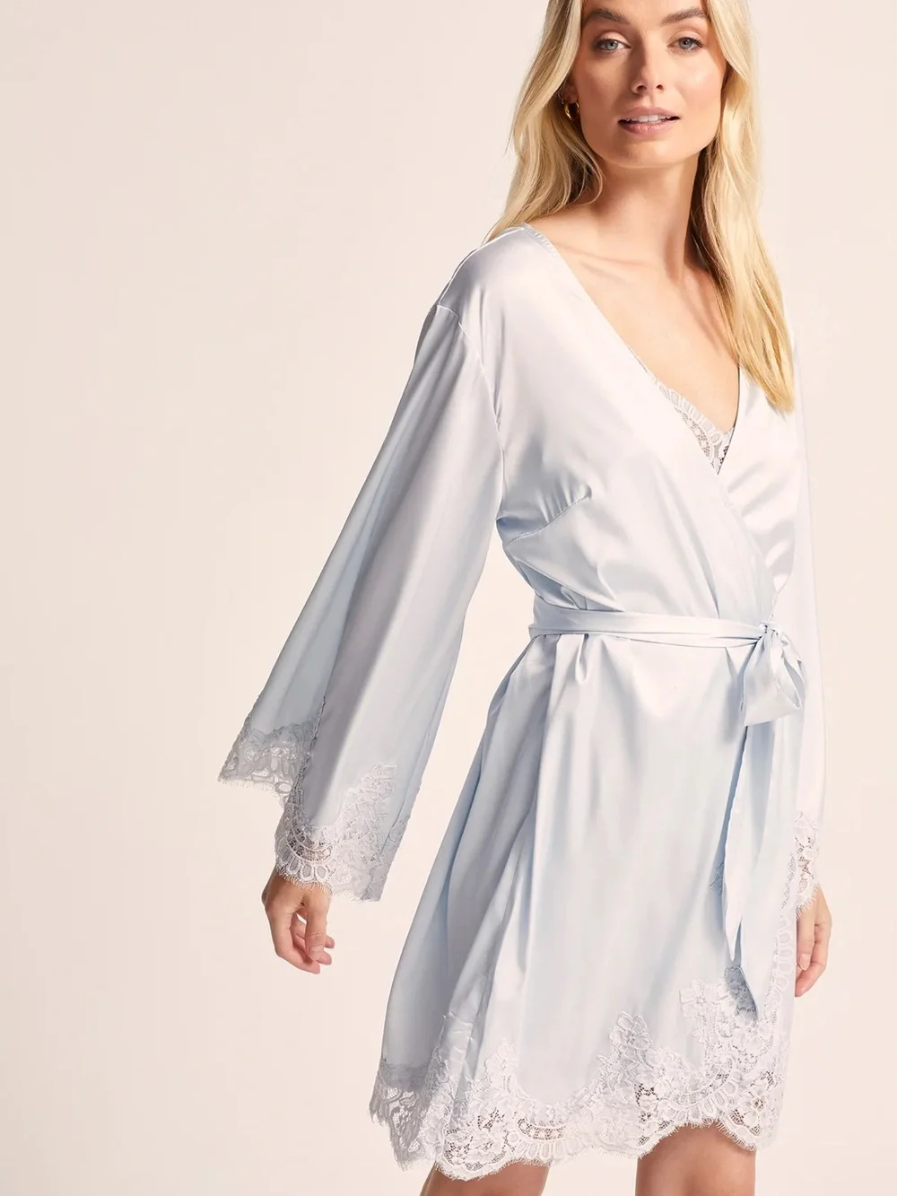 Light Blue Homebodii Sian Short Satin lace Wrap Robe - NWT